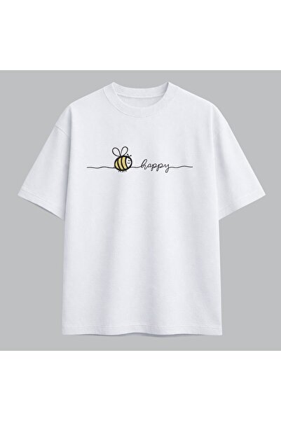 KEYFHOME Bee Happy Bee Minimal Tekst Izvezena Majica Unisex 100% Pamuk