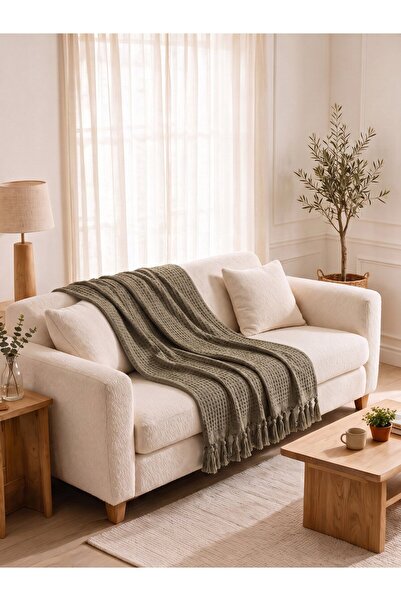 Binna Soft Koltuk Örtüsü 200x240 cm Püsküllü Çok Amaçlı Koltuk Şalı - Haki Petek