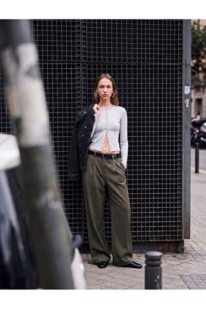 Koton Wide Leg Plaid Trousers with Pockets and Buttoned Stopper
