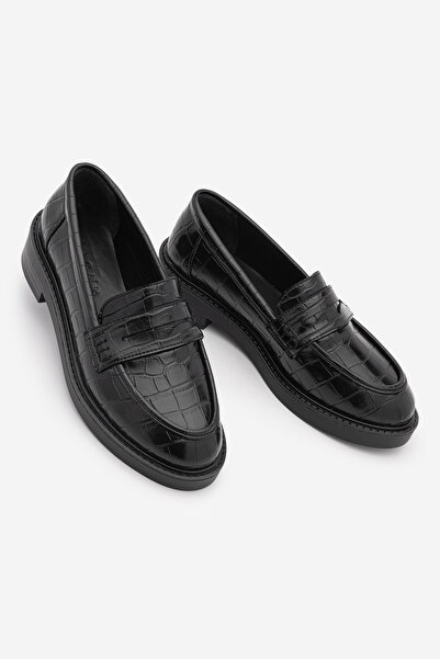 Marjin Kadın Loafer Günlük Klasik Ayakkabı Casual Makosen Fonle Siyah Croco