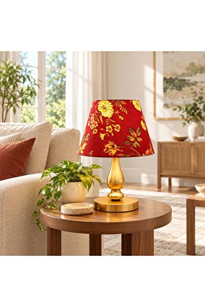 retro home design Eskitme Ayaklı Kırmızı Çiçek Detaylı Masa Lambası Dekoratif...