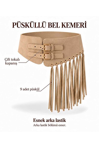 Fiori Lüks Süet Makara Toka Püsküllü Bel Kemeri