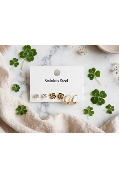 zerzembe Stone Clover Hoop Clover Steel Earrings Set of 6