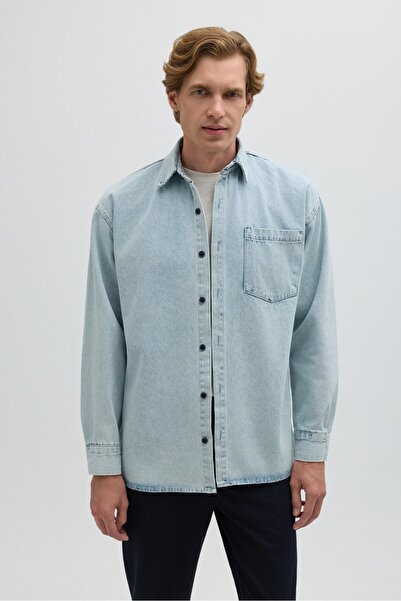 Sabri Özel Buz Mavisi Regular Fit Pamuk Cepli Uzun Kollu Denim Ceket Gömlek