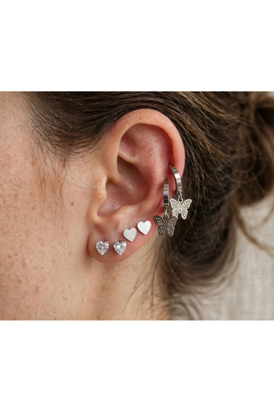 zerzembe 3-Piece Earring Set with Zircon Stones, Mini Heart and Butterfly Ste...