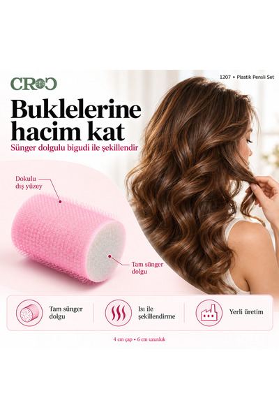 Croc Pembe Cırtlı Sünger Bigudi 8li Çap 4cm Yapışkanlı Saç Bigudisi (10lu Saç Pensli) (1207P)