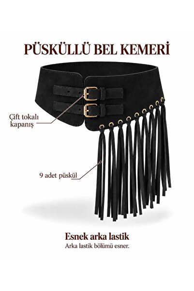 Fiori Lüks Süet Makara Toka Püsküllü Bel Kemeri