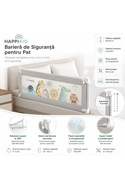 happikid Barieră de siguranță pentru pat XXL 140 cm pentru copii – Înălțime reglabilă 68–98 cm, glisantă, protecție anti-cădere