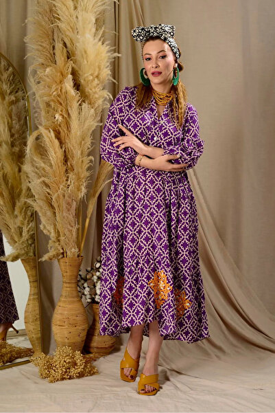 Park Moda Women's Print Purple Embroidered Cotton Jalabiya Modest Pocket Long...