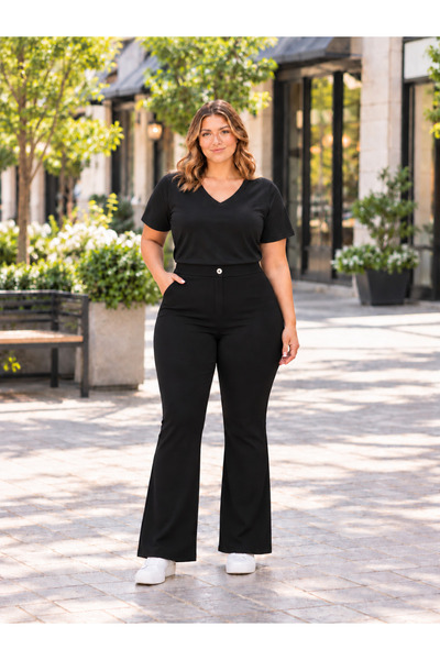 MİRA BUTİK Women's Plus Size High Waist Elastic Waist Loose Leg Pants with Pockets