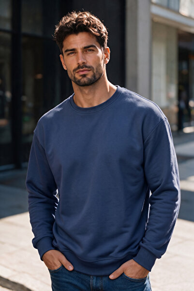 Erkek Lacivert Oversize Bisiklet Yaka Sweatshirt