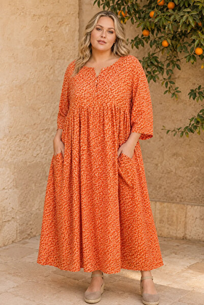 Park Moda Women's Plus Size Orange Viscose Dress Summer Long Buttoned Pockete...