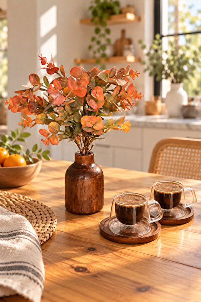 janset home shop Coffee Cup Set for 2 People - with Double Walls and Bamboo Base