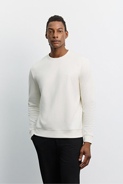 Avva Men's Ecru Crew Neck Silicone Printed Interlock Sweatshirt A62Y1297