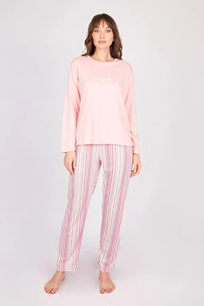Burcumay Women's Long Sleeve Soft Textured Pink Pajama Set