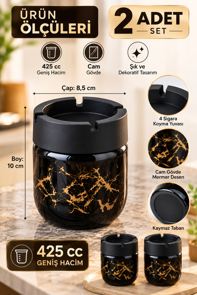 grimorlife 2 Adet Siyah Bronz Mermer Desenli Dekoratif Cam Kokusuz Küllük Kül Tablası Seti 425 Cc