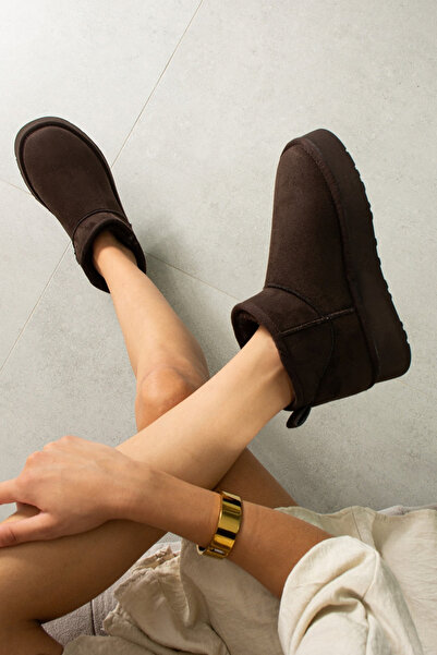 LORENN SHOES Mini Kahve Süet İçi Kürklü Kalın Taban Kadın Bot