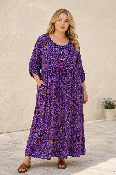 Park Moda Plus Size Women's Floral Patterned Viscose Dress Purple Summer Long...
