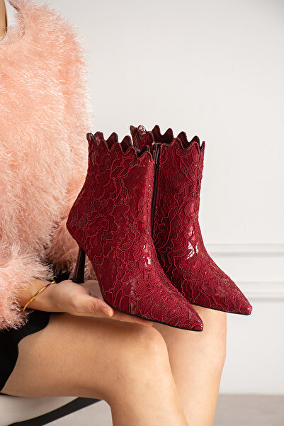 dabab shoes MONA Kadın Bordo Dantel İşlemeli Sivri Burun Sıcak Astarlı Fermua...