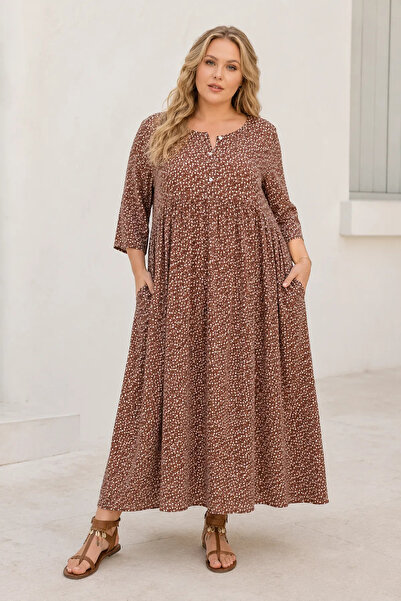 Park Moda فستان نسائي كبير الحجم من الفيسكوز البني، صيفي طويل بأزرار وجيوب، م...