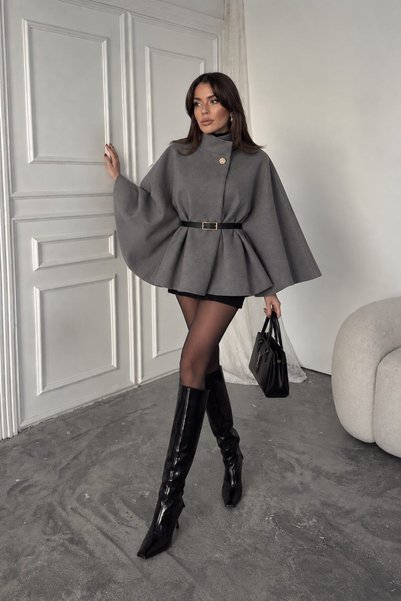 Mivelya Women's Stand Collar Belted Oversized Poncho with Button Detail