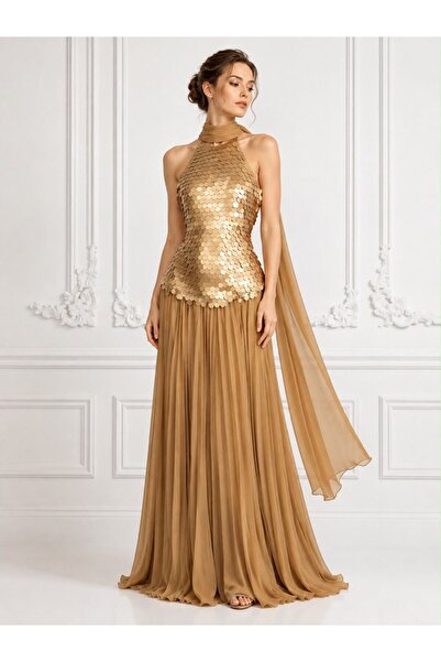 ranin Gold Dress with Sequined Chest and Flowing Chiffon Skirt