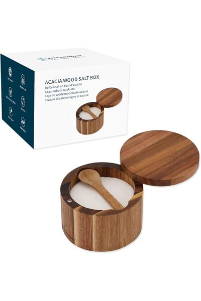 KITCHENDAO Acacia Wood Salt Cellar Bowl Box With Built-in Spoon, Elegant Kitc...