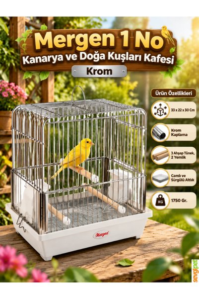 sevgipet Kanarya ve Doğa Kuşları Kafesi Krom (33 x 22 x 30 cm – Camlı, Sürgül...