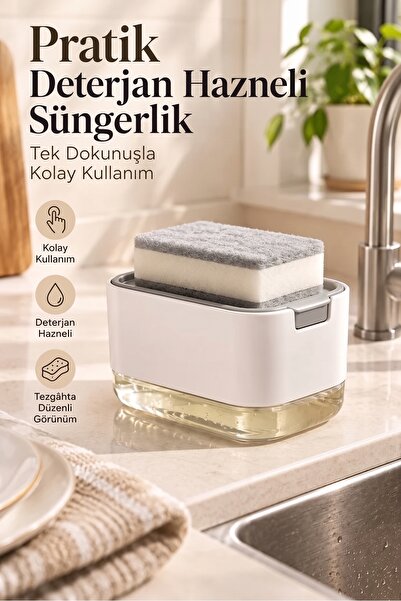 RED KİTCHEN Deterjan Hazneli Süngerlik Pompalı Bulaşık Süngeri Aparatı Sıvı Sabunluk