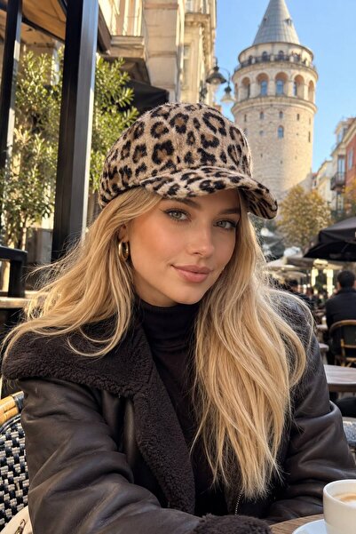 HAZAL KAYA ATELIER Brown Leopard Patterned Plush Cap Women's Hat