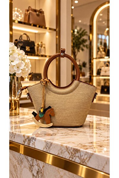 HAZAL KAYA ATELIER Beige Charm Accessory Detailed Women's Bag 23X23 cm