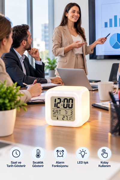 Clevora Ev ve Ofis Kullanımına Uygun Küp Saat LED Işıklı Dijital Alarmlı