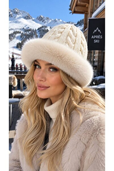 HAZAL KAYA ATELIER Ecru Knitted Plush Hat for Women