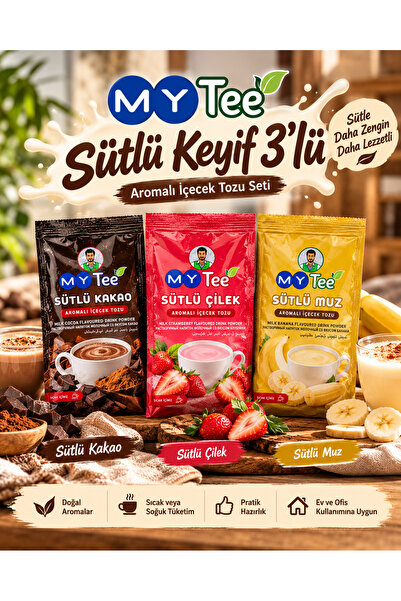 MY Tee Sütlü Keyif 3'lü – Sütlü Kakao, Sütlü Çilek ve Sütlü Muz Aromalı İçecek Tozu Seti