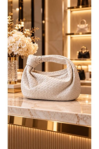 HAZAL KAYA ATELIER Ecru Faux Leather Knitted Women's Bag 25X30 cm