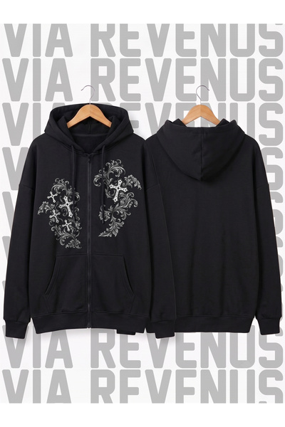 Vordevia Hanorac unisex cu glugă și fermoar, imprimat în stil Y2K Grunge