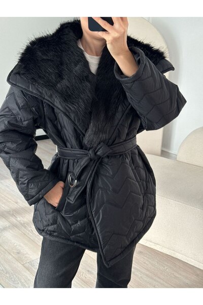 VESS MODA Women's Shiny Quilted Collar Fur Detailed Belted Long Oversize Coat