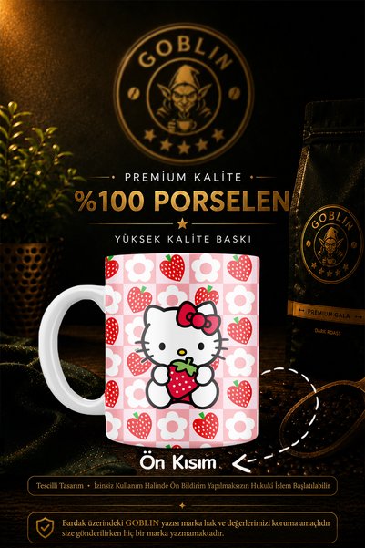 Goblin Hello Kitty Pembe Tasarımlı Porselen Kupa Bardak - Hediyelik Çizgi Fil...