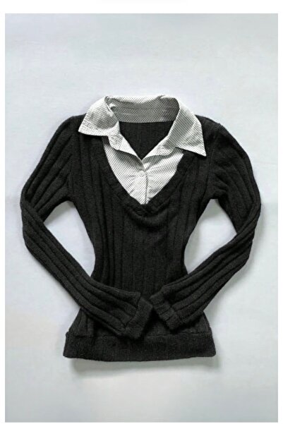 Köstebek Vintage Shirt Detailed Black Long Sleeve Knitwear Blouse