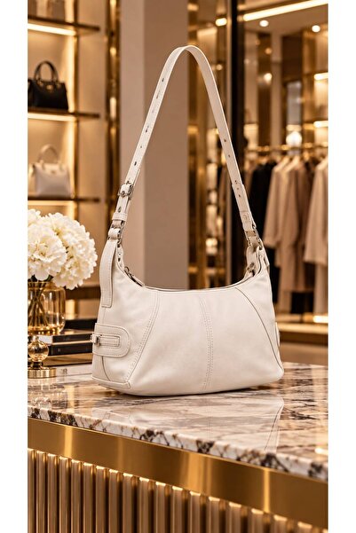 HAZAL KAYA ATELIER Ecru Faux Leather Adjustable Strap Women's Bag 11X22 cm