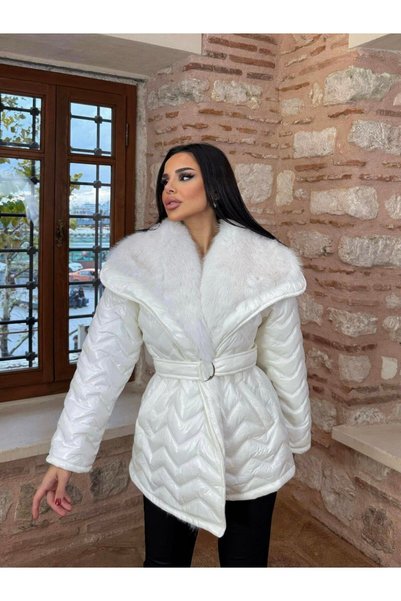 VESS MODA معطف نسائي طويل كبير الحجم مبطن ولامع مع ياقة من الفرو وحزام