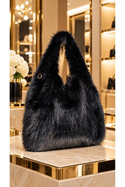 HAZAL KAYA ATELIER Black Soft Textured Plush Women's Bag 38X38 cm