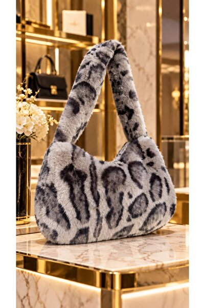 HAZAL KAYA ATELIER Navy Blue Leopard Patterned Soft Textured Plush Women's Ba...