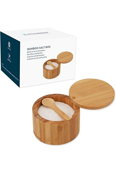 KITCHENDAO Acacia Wood Salt Cellar Bowl Box With Built-in Spoon, Elegant Kitc...