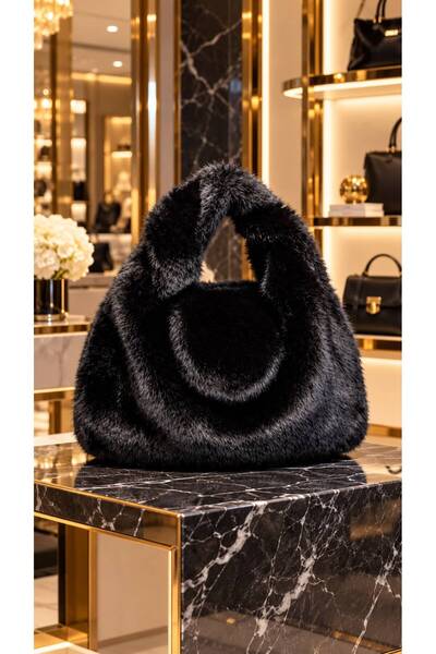 HAZAL KAYA ATELIER Black Soft Textured Plush Women's Bag 25X28 cm
