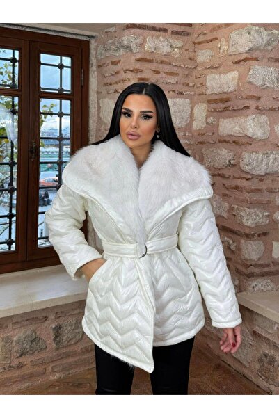 VESS MODA Women's Shiny Quilted Collar Fur Detailed Belted Long Oversize Coat
