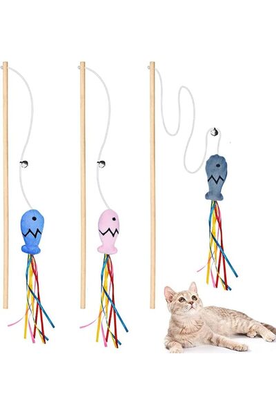 TERRIFI 3 PCS Interactive Cat Wand Toys, Wooden Handle Kitten Teaser Sticks w...