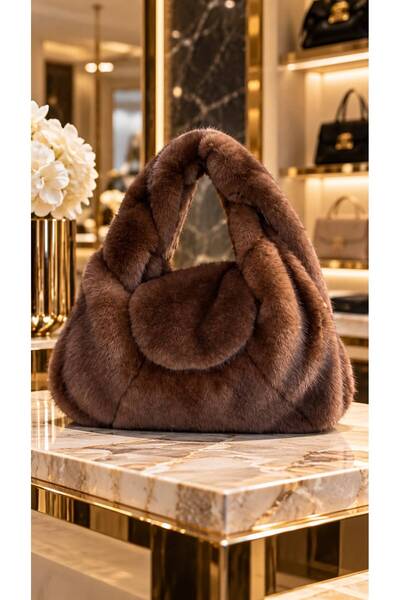 HAZAL KAYA ATELIER Coffee Soft Textured Plush Women's Bag 25X28 cm