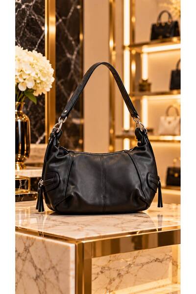 HAZAL KAYA ATELIER Black Faux Leather Adjustable Strap Women's Bag 11X22 cm
