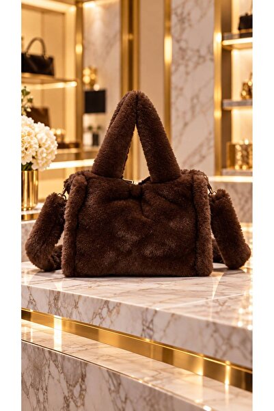 HAZAL KAYA ATELIER Coffee Soft Textured Plush Strap Women's Bag 22X26 cm